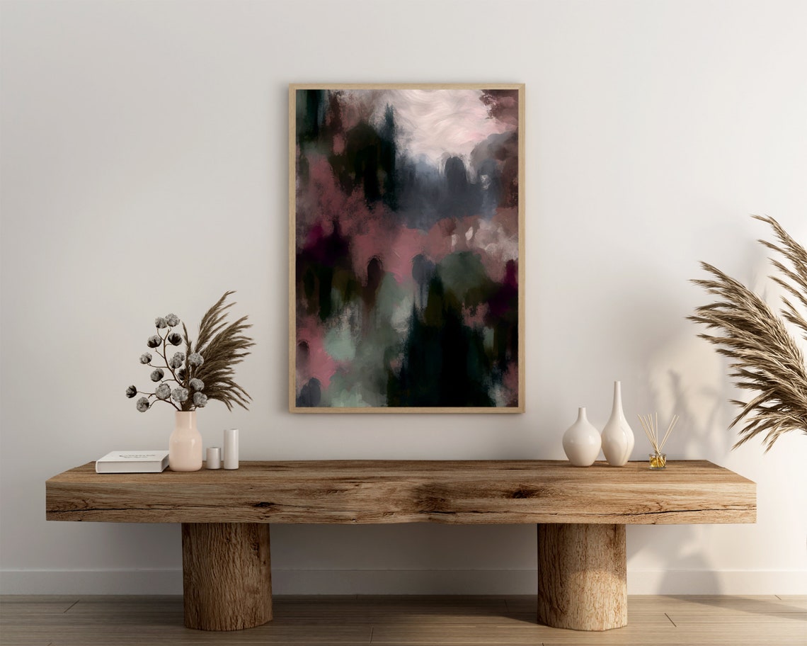 Moody Abstract Dark Forest Tones Plum Mist Dark Academia Art Poster - Image 3