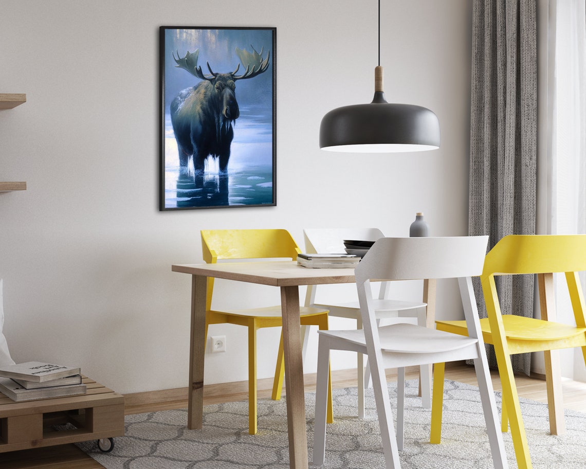 Bull Moose With Wide Antlers in Misty Blue Water Wildlife Poster - Image 2
