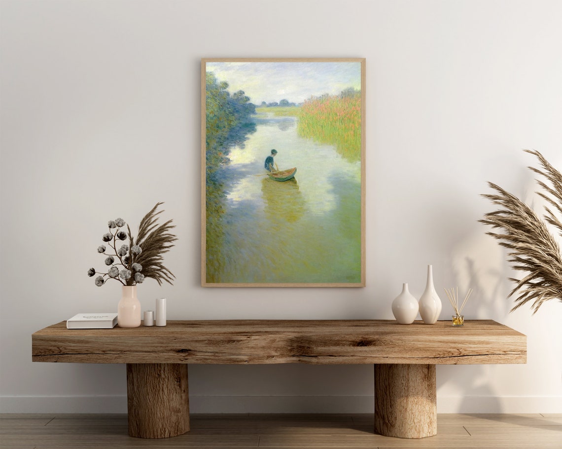 Boy Rowing a Small Boat on a Calm River Impressionist Poster - Image 3