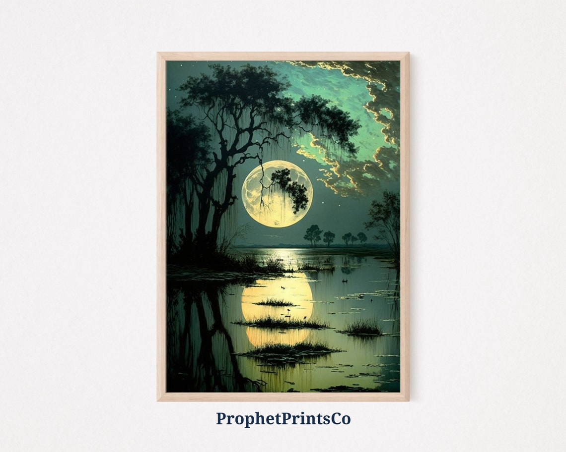 Moonrise Over Still Marsh Lake With Perfect Reflection Poster