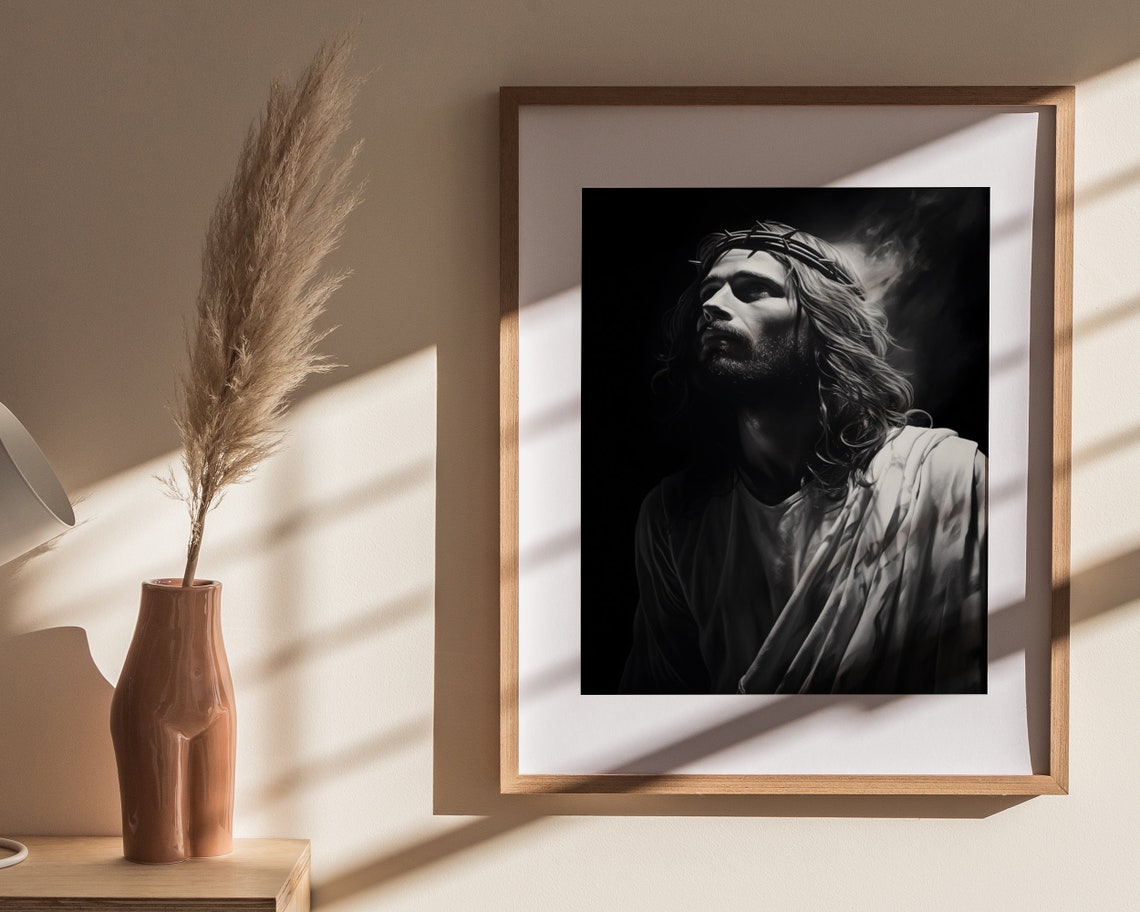 Jesus Christ Crown of Thorns Black and White Portrait Poster - Image 4