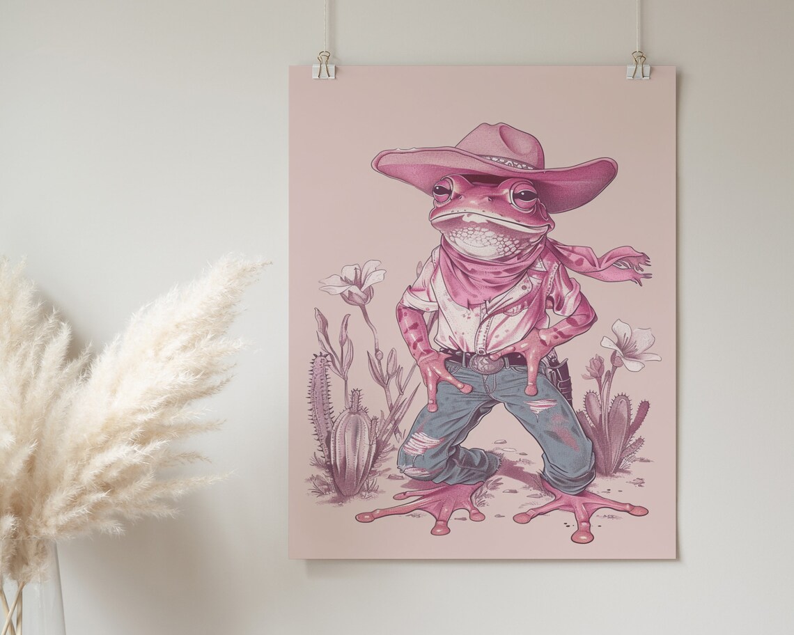 Pink Cowboy Frog Ripped Jeans Cactus Desert Scene Western Art Poster - Image 2
