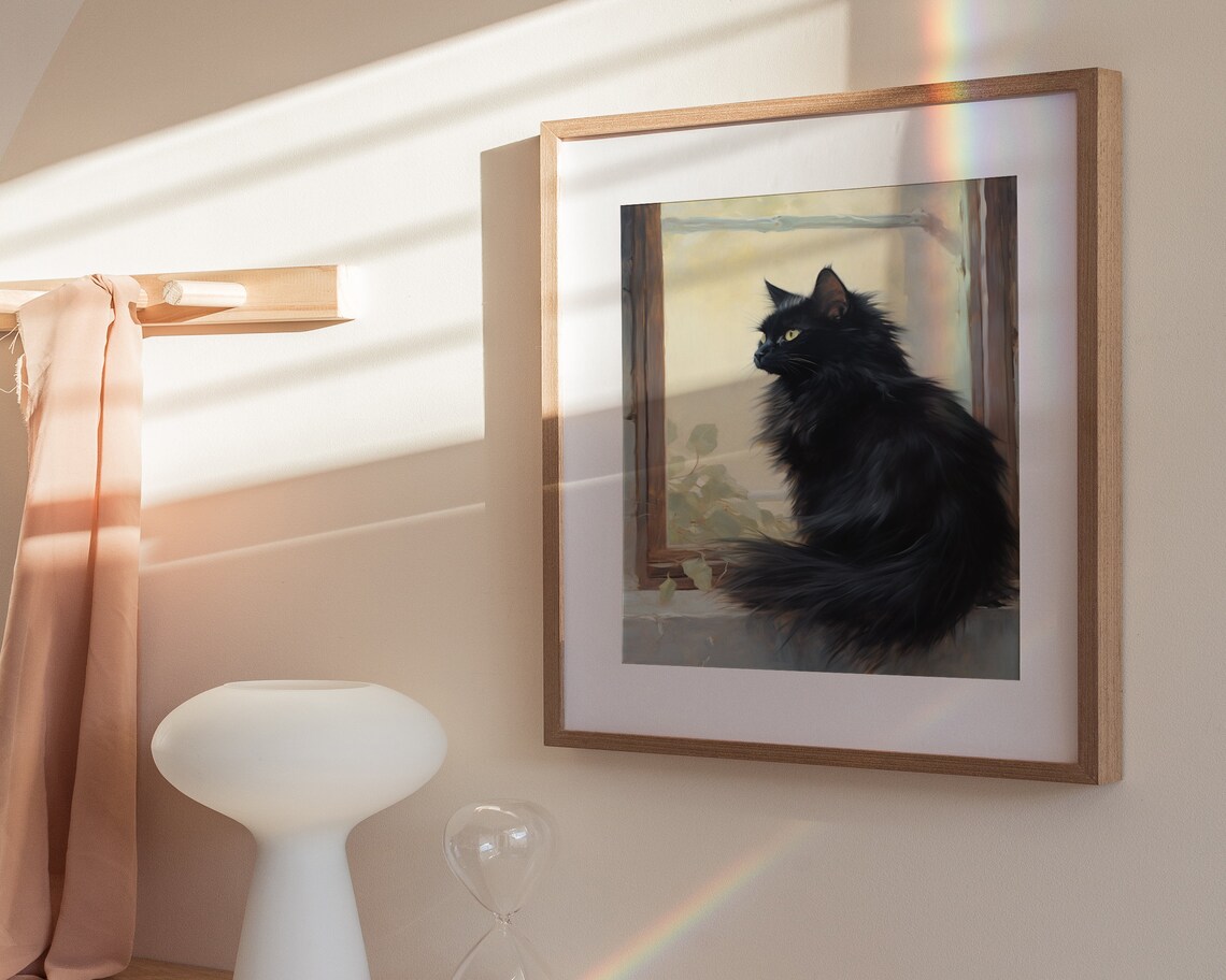Black Cat On Windowsill Oil Painting Moody Cat Portrait Poster - Image 3