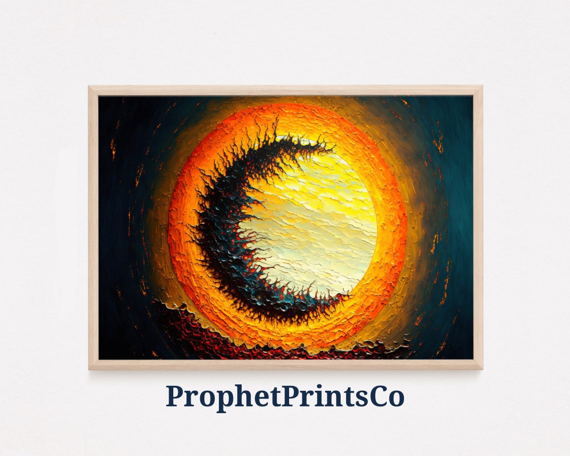 Dramatic Solar Eclipse With Dark Crescent Moon Oil Art Poster