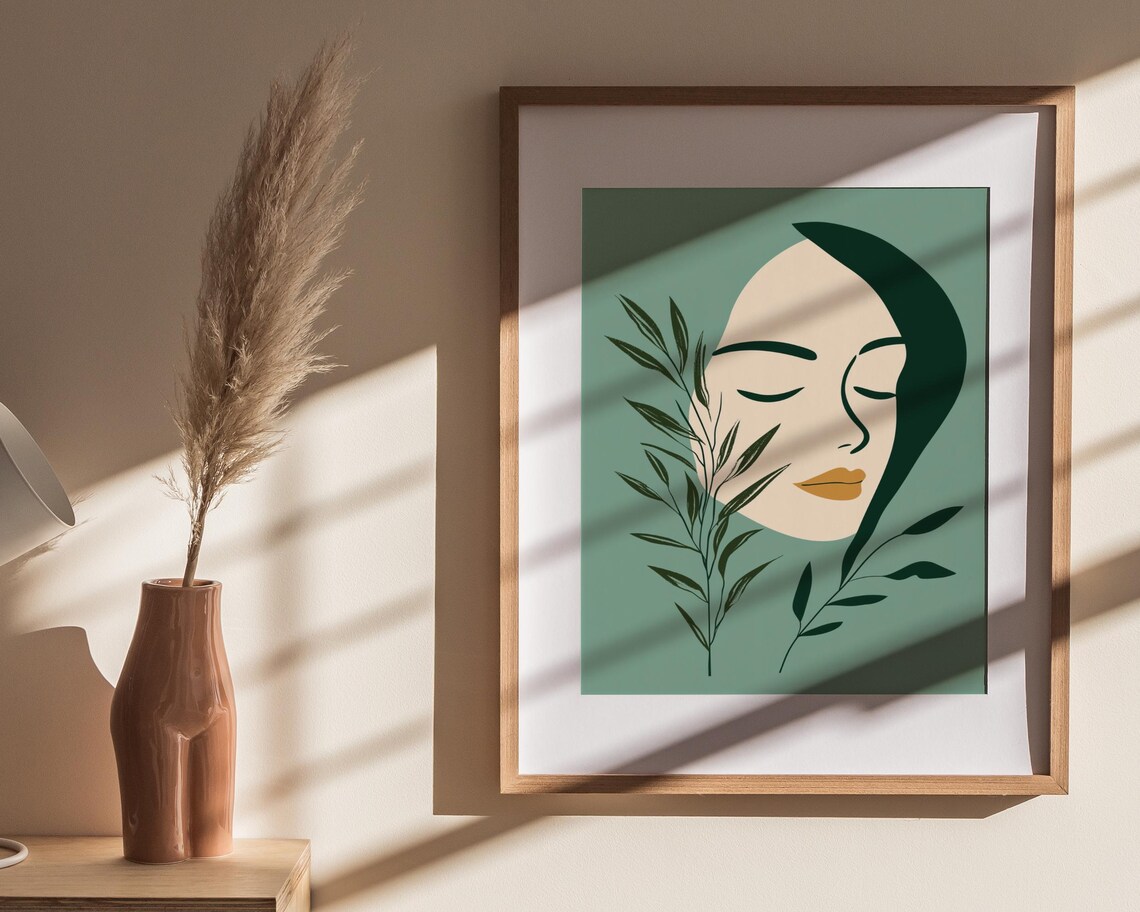Minimalist Botanical Woman Face Sage Green Leaf Line Art Poster - Image 4