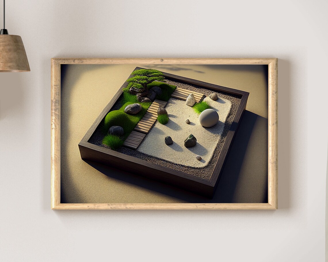 Miniature Tabletop Zen Garden Box With Moss And Wood Bridge Poster - Image 2