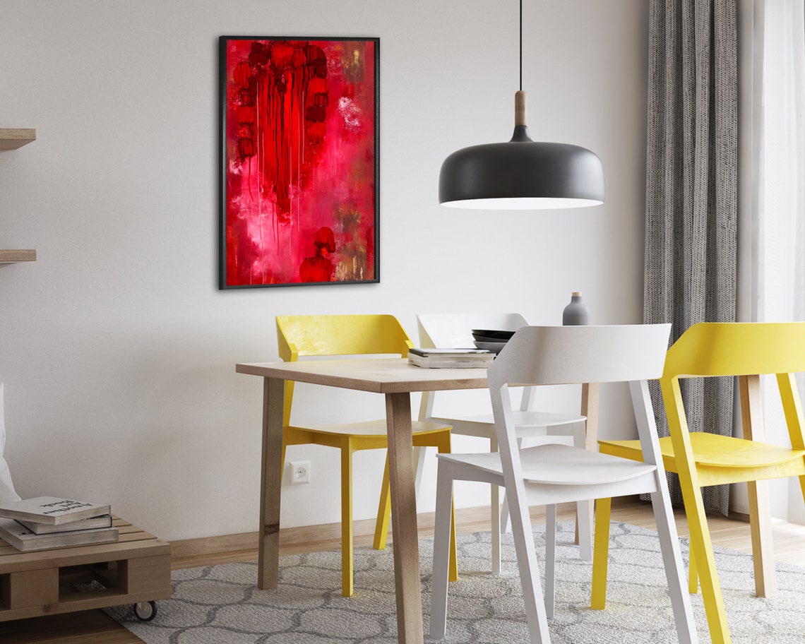 Red Abstract Drip Paint Dark Streaks Expressive Bold Modern Art Poster - Image 2