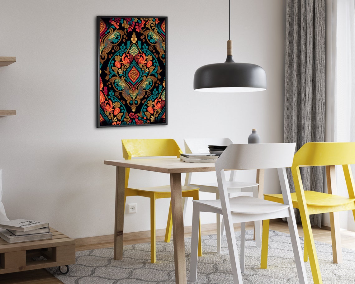 Ornate Damask Paisley Floral Pattern Vibrant Boho Art Poster - Image 2