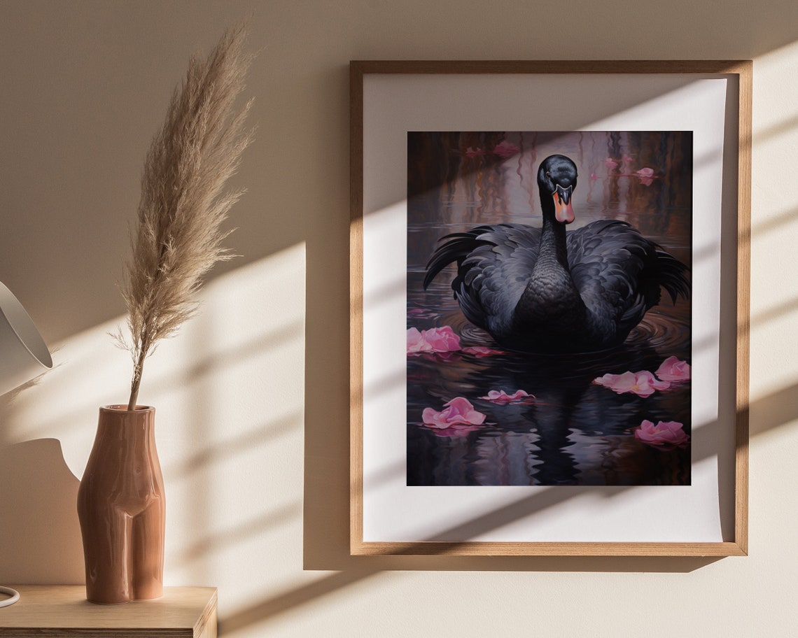 Graceful Black Swan Floating Petals Dark Water Painting Poster - Image 4