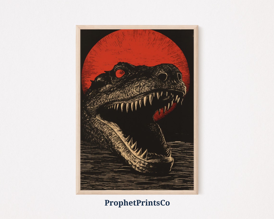 Crocodile Profile Emerging Water Red Sun Woodblock Art Poster