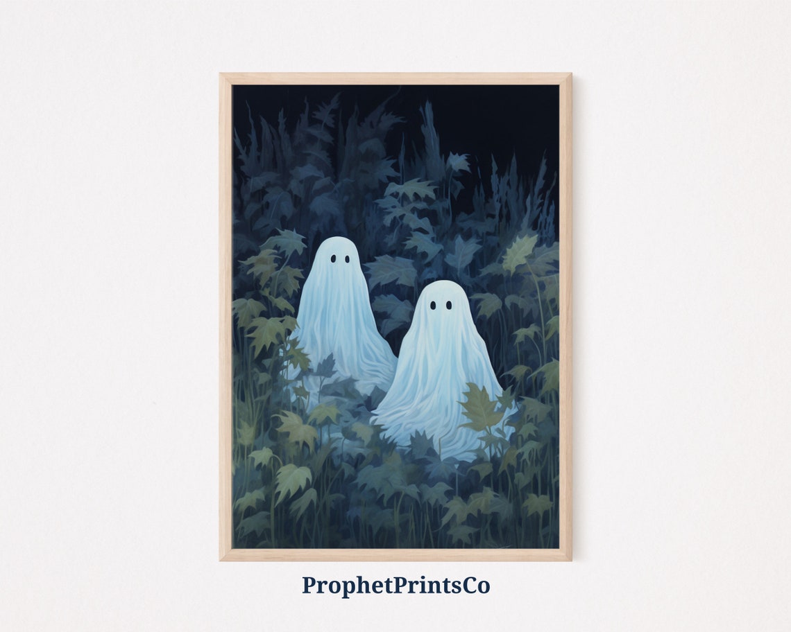 Cute Ghost Duo In Dark Moonlit Field Spooky Halloween Art Poster