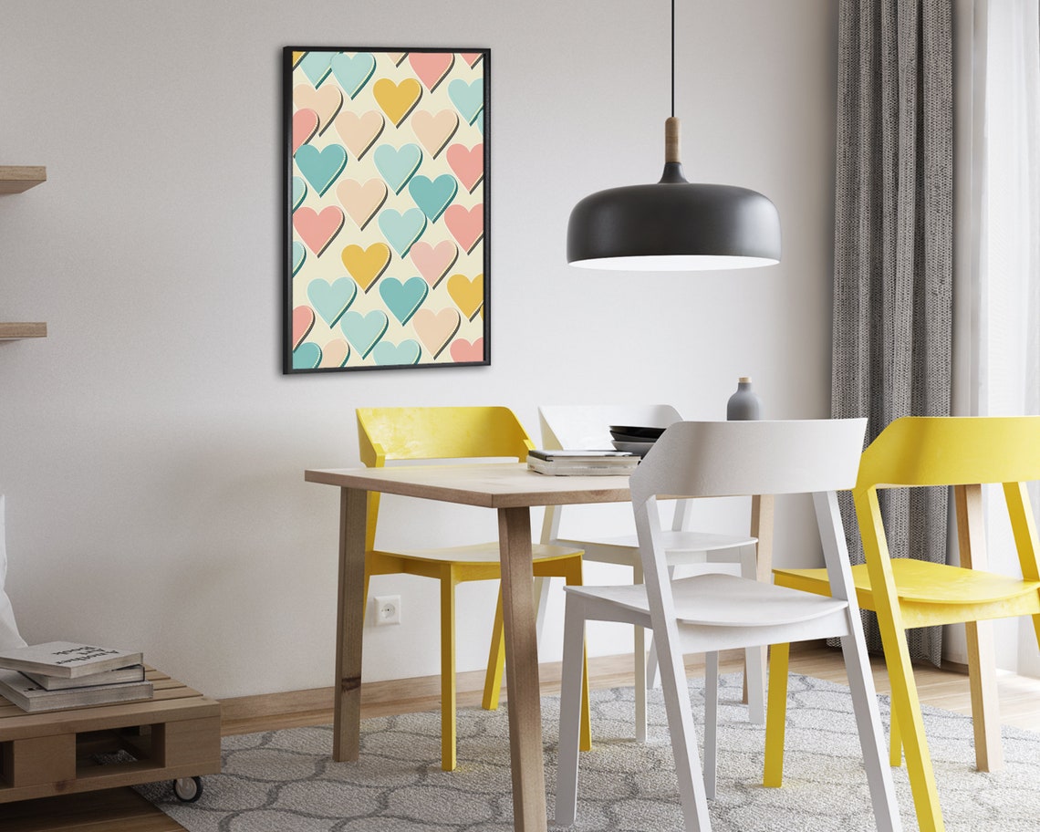 Pastel Hearts Pattern Retro Outlined Teal Pink Mustard Art Poster - Image 2
