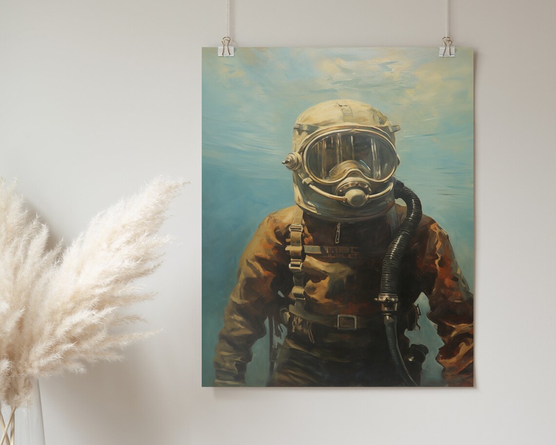 Vintage Scuba Diver Helmet Portrait Underwater Painting Poster - Image 2