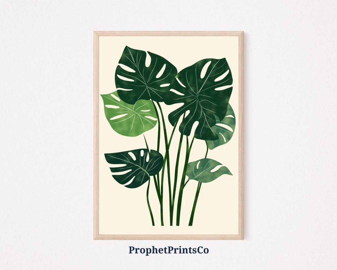 Monstera Leaves Tropical Botanical Watercolor Greens Modern Poster