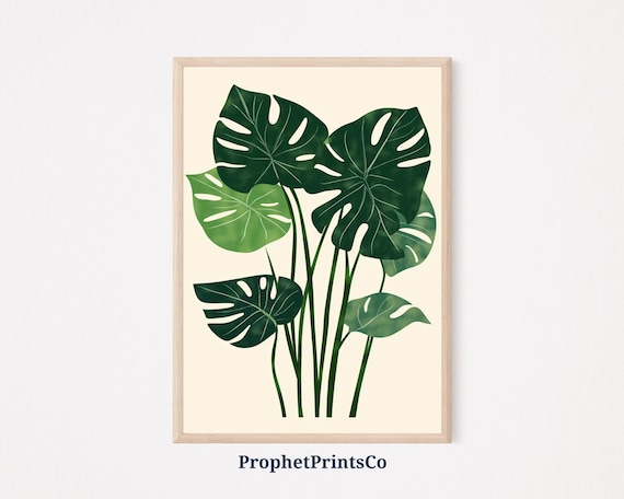 Monstera Leaf Print Botanical Wall Art Green Plant Decor Tropical Aesthetic Modern Jungle Art Minimalist Decor