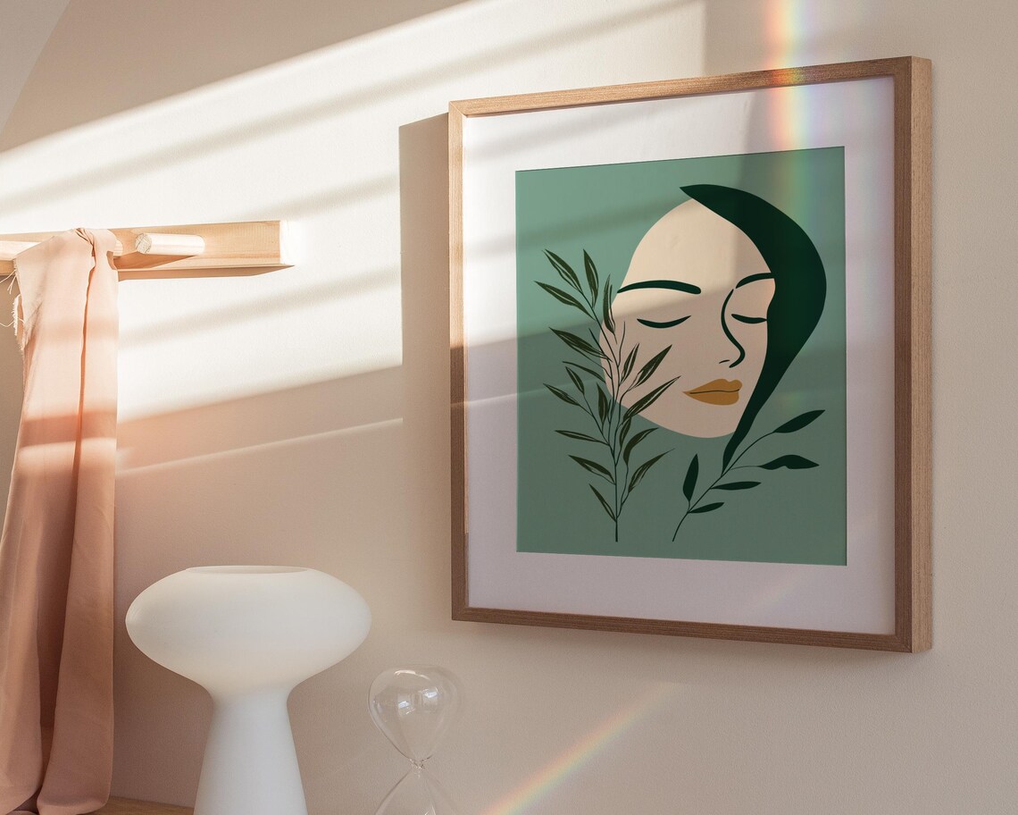 Minimalist Botanical Woman Face Sage Green Leaf Line Art Poster - Image 3