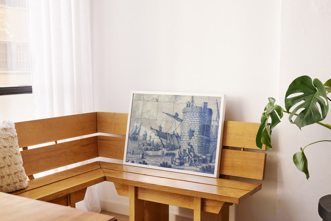 Blue and White Tile Mural of an Old Harbor Fort Scene Poster - Image 2