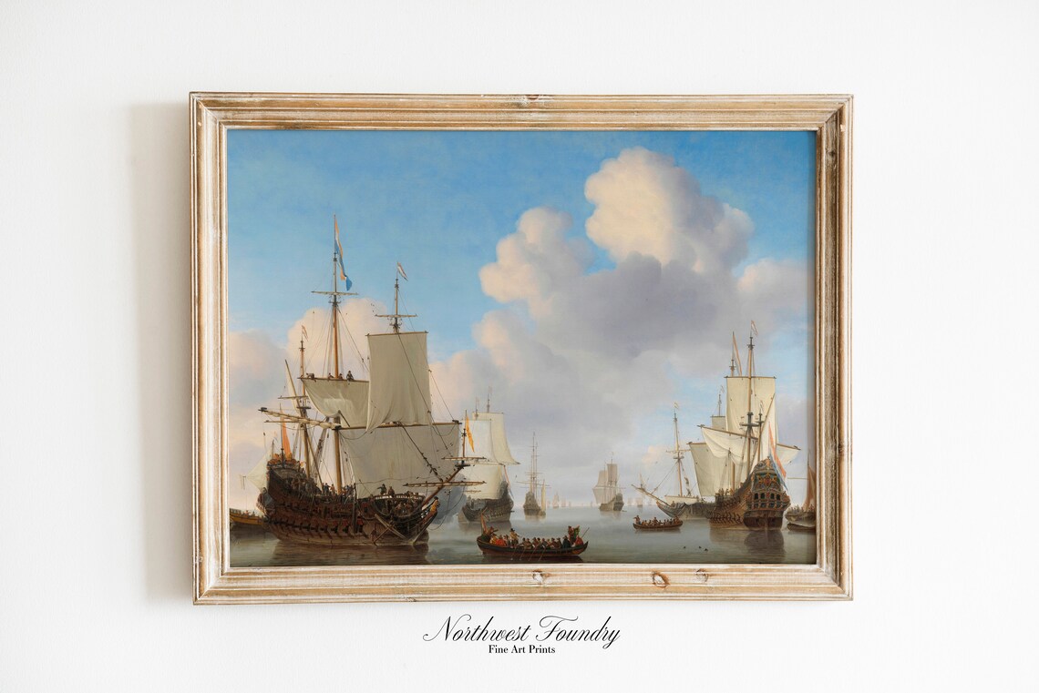 Dutch Golden Age Tall Ships Seascape Antique Oil Painting Poster - Image 3
