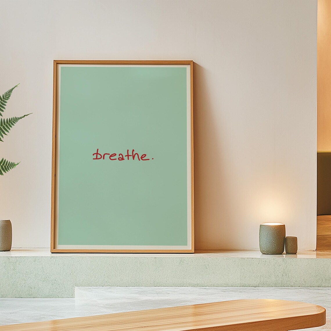 Breathe Minimalist Red Handwriting on Mint Simple Quote Art Poster