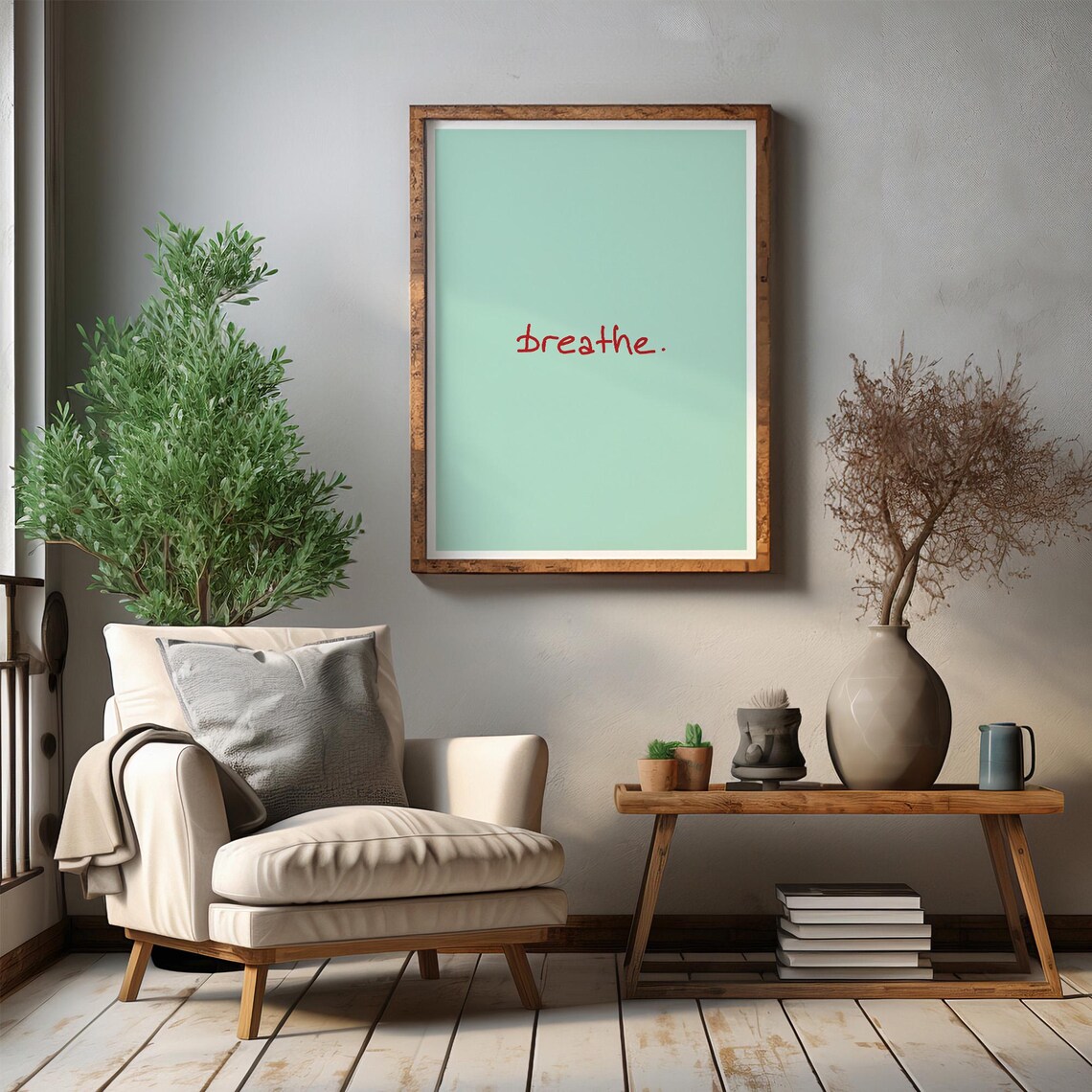 Breathe Minimalist Red Handwriting on Mint Simple Quote Art Poster - Image 4