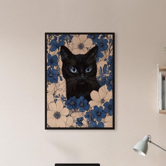 Framed Black Cat Floral Wall Art Print Mystical Garden Animal Poster Blue Beige Flower Illustration Gift For Witchy Decor Or Lovers