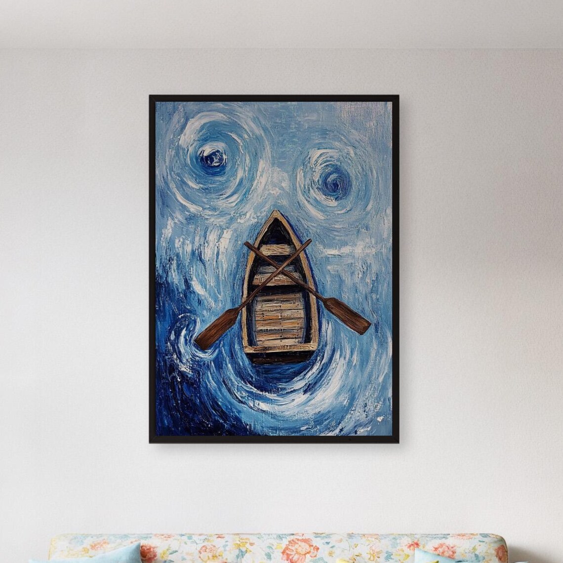 Aerial View Blue Rowboat With Crossed Oars on Swirling Water Poster