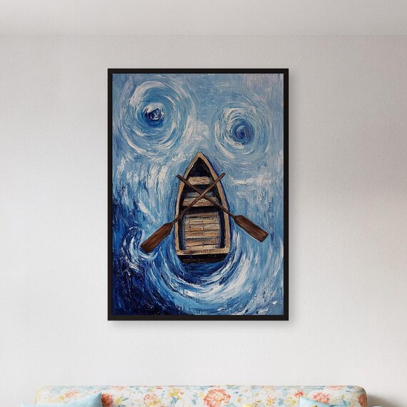Aerial View Blue Rowboat With Crossed Oars on Swirling Water Poster