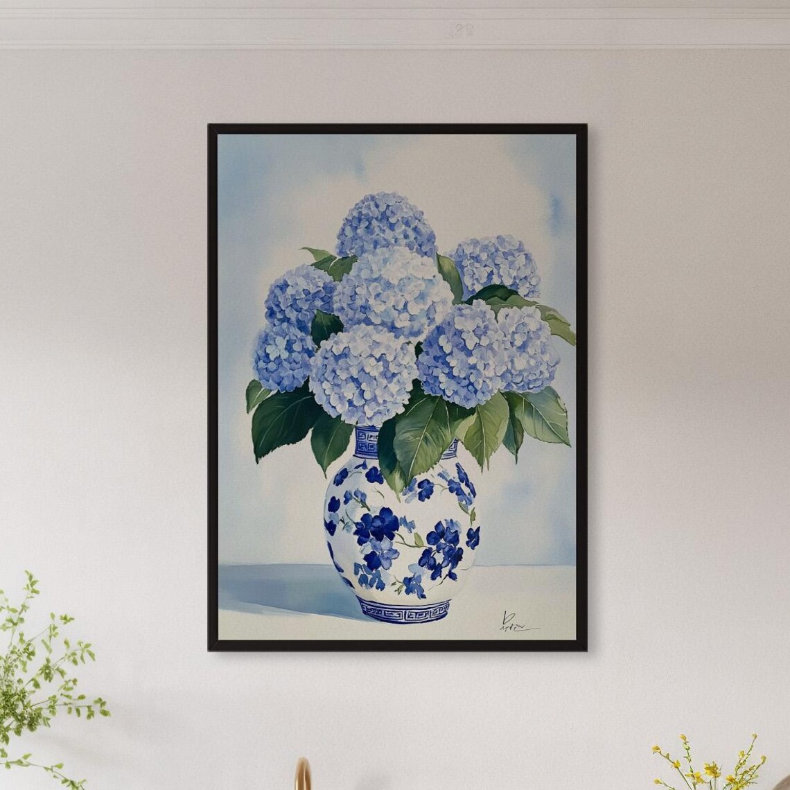 Blue Hydrangeas in Chinoiserie Vase Elegant Watercolor Floral Poster