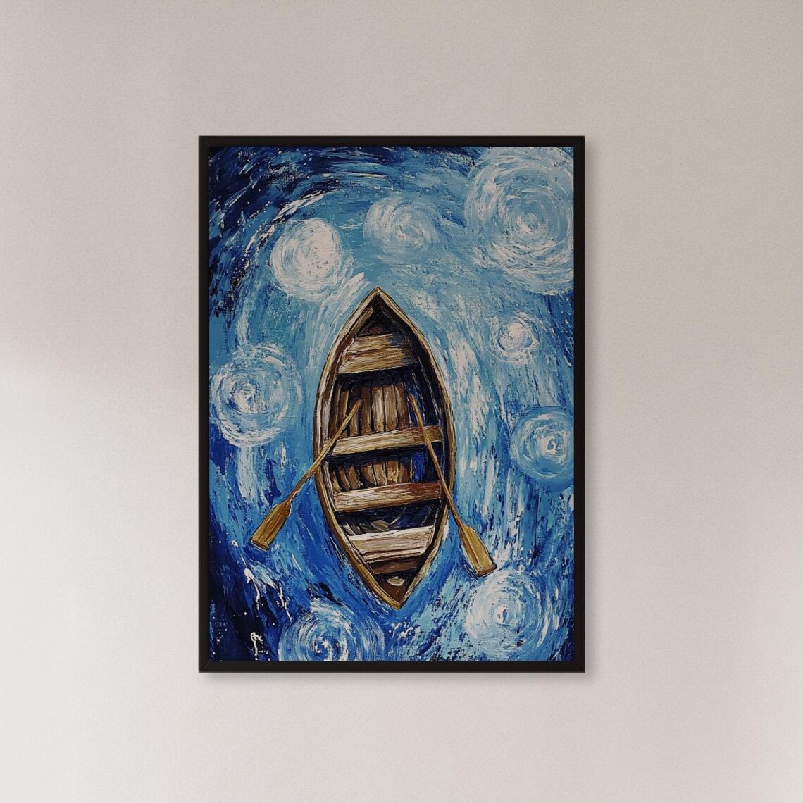 Blue Rowboat With Oars Resting Alongside Swirling Water Poster