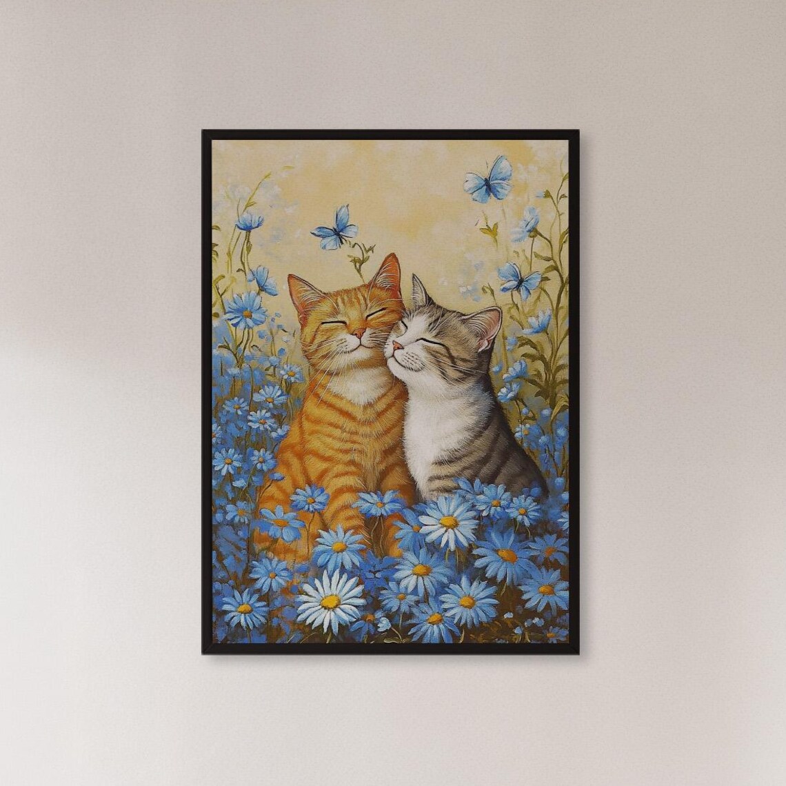 Two Snuggling Cats Among Blue Daisies Romantic Whimsical Cat Poster