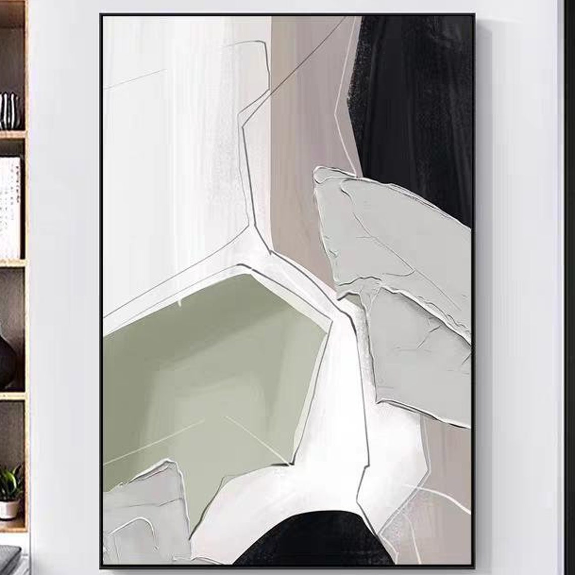 Abstract Beige Sage Green Black Color Block With Line Art Poster