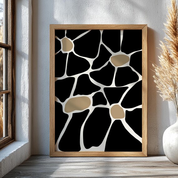 Black and Beige Organic Abstract Pebble Shapes Modern Wall Art