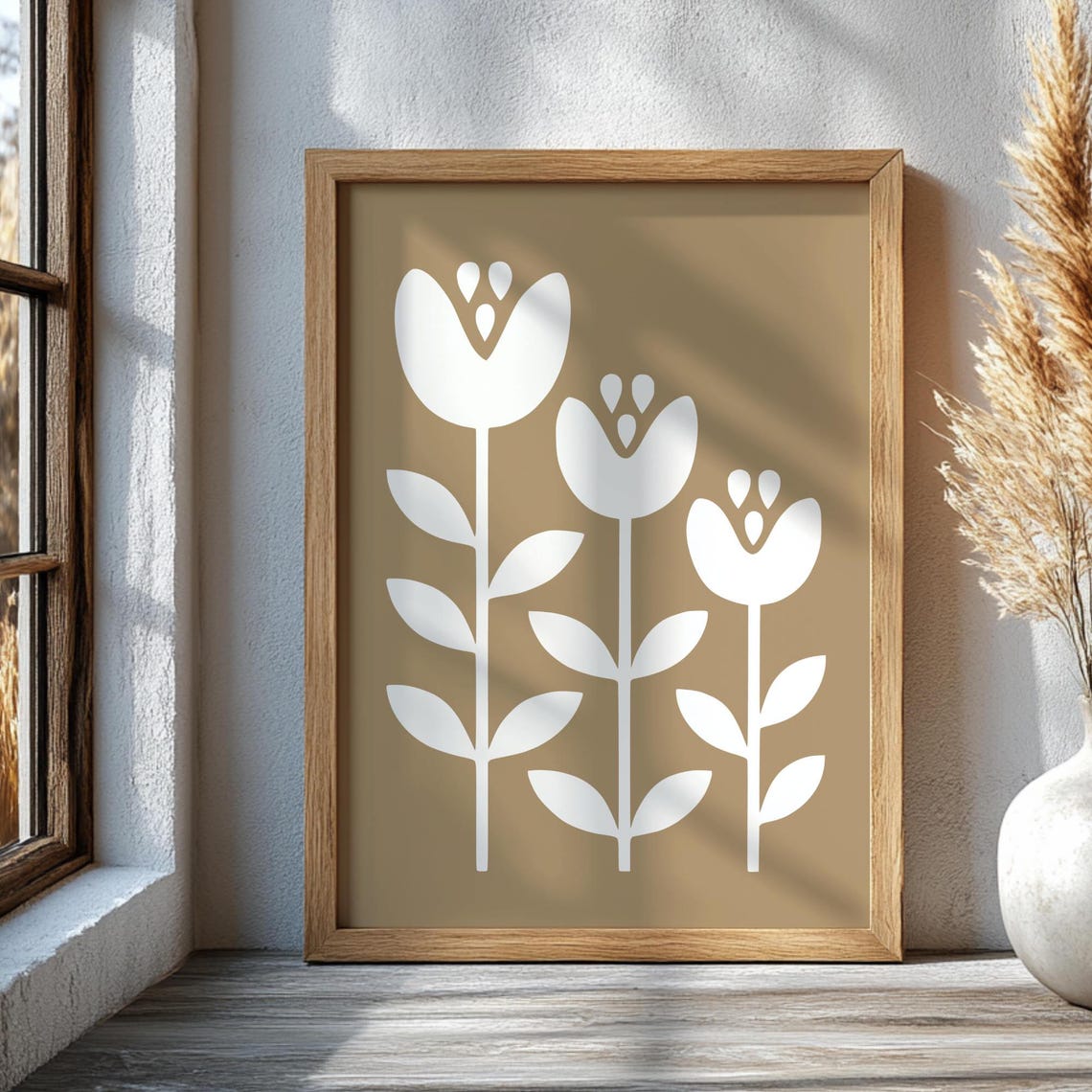 White Tulip Silhouette Botanical Boho Floral Minimalist Wall Art