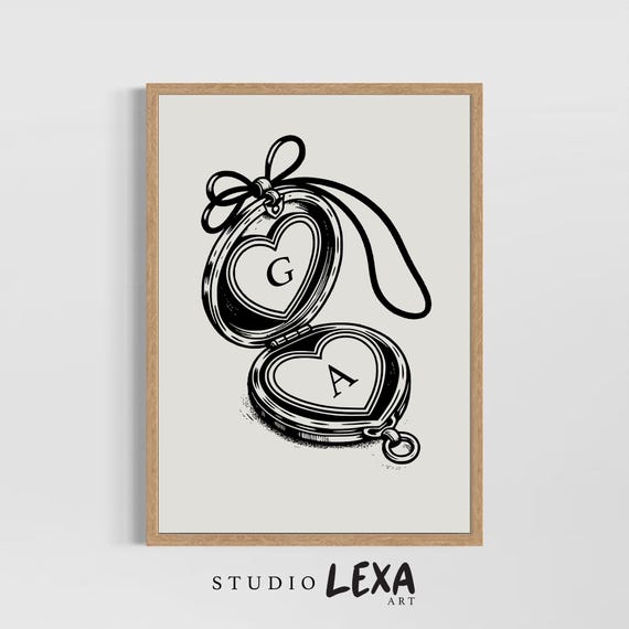 Custom Heart Locket Initial Print Vintage Couple Wall Art Personalized Gift For Her Romantic Anniversary Keepsake Minimalist Love Decor