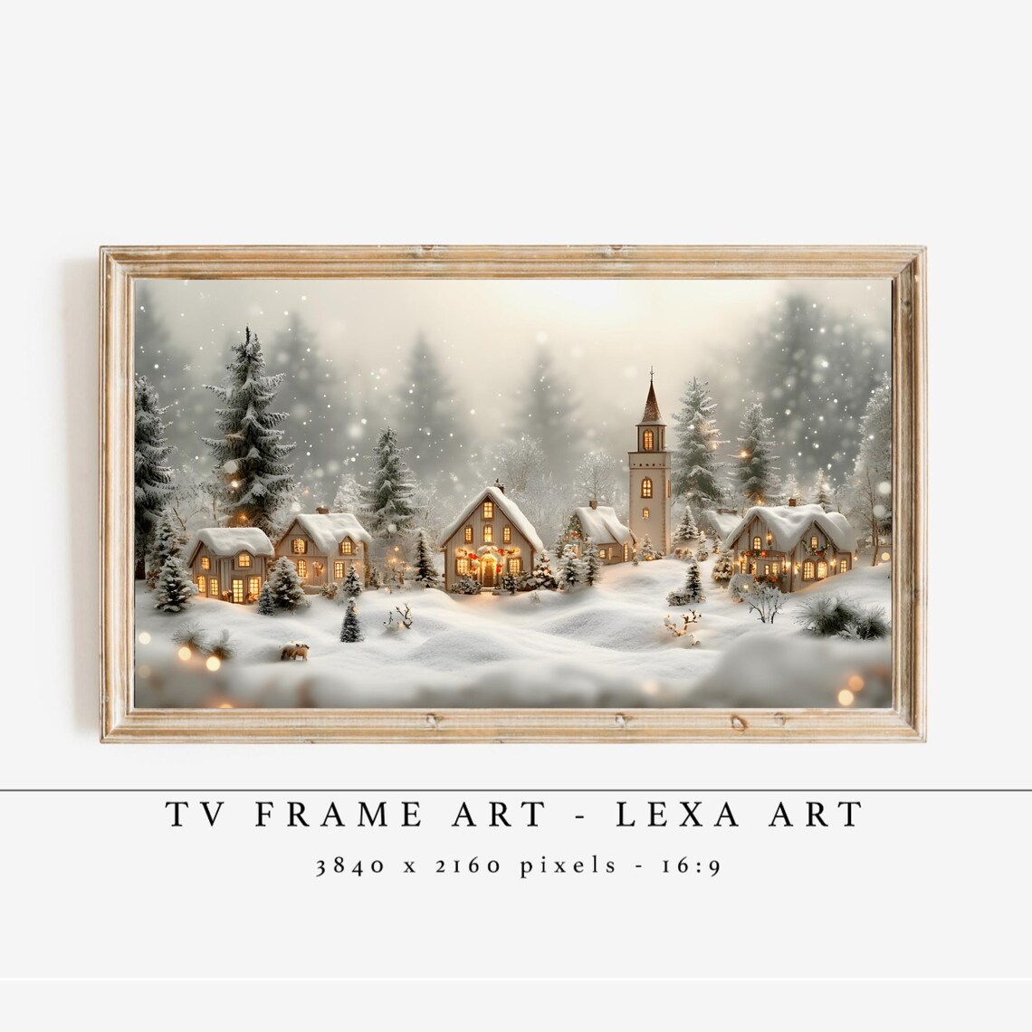 White Christmas Village Snowfall Church Glowing Windows Art Poster