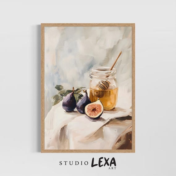 Fig And Honey Jar Wall Art Print Rustic Still Life Oil Painting Neutral Country Kitchen Decor For Dining Room Pantry Cottage Style Home