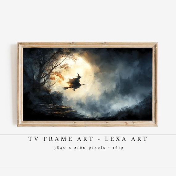 Witch Flying Tv Frame Art Halloween Spooky Samsung Artwork Full Moon Decor Haunted Gothic Wall