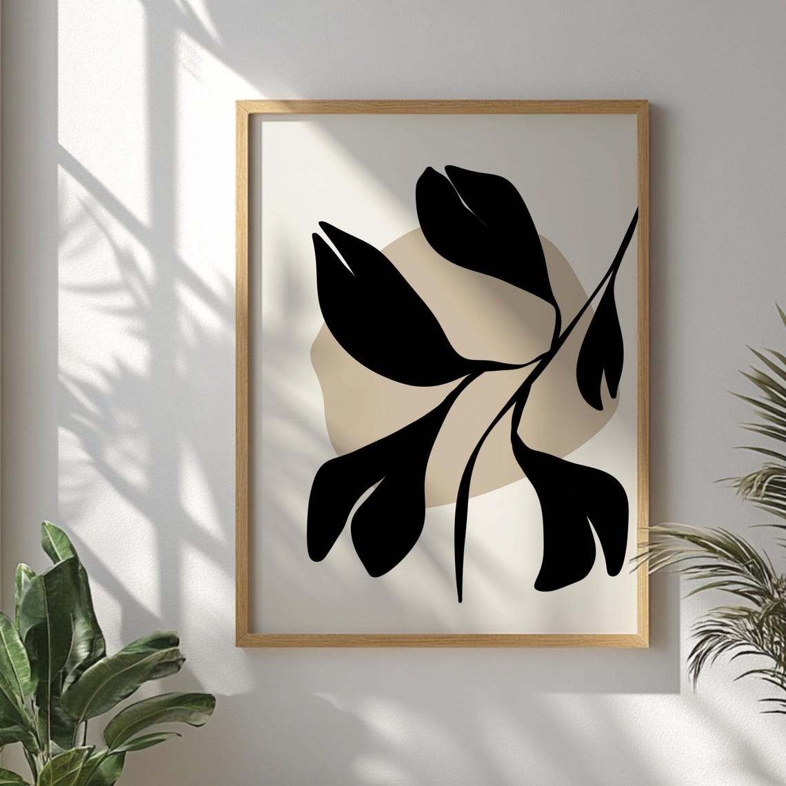 Black Botanical Leaf Branch Line Art Minimalist Beige Circle Poster