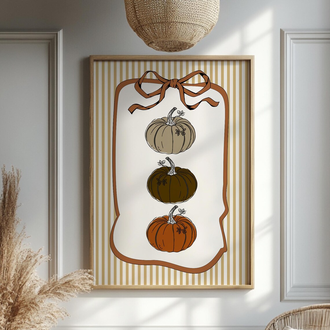 Neutral Pumpkin Wall Art Autumn Trio Fall Decor With Ribbon Bow Rustic Farmhouse Thanksgiving Kitchen Vertical Poster
