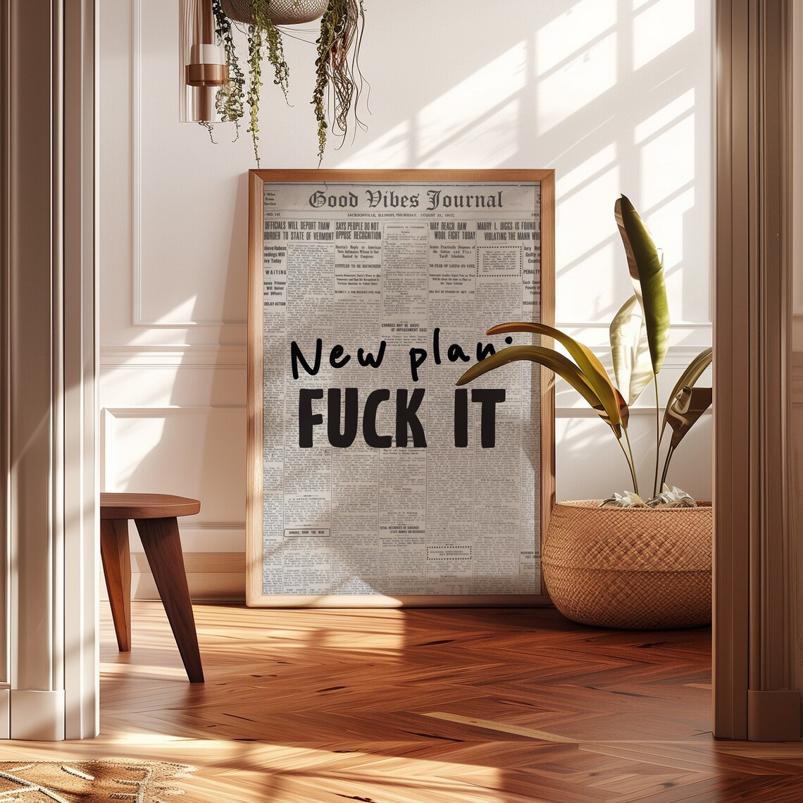 New Plan Fuck It Sweary Hand Lettered Vintage Newspaper Quote Poster