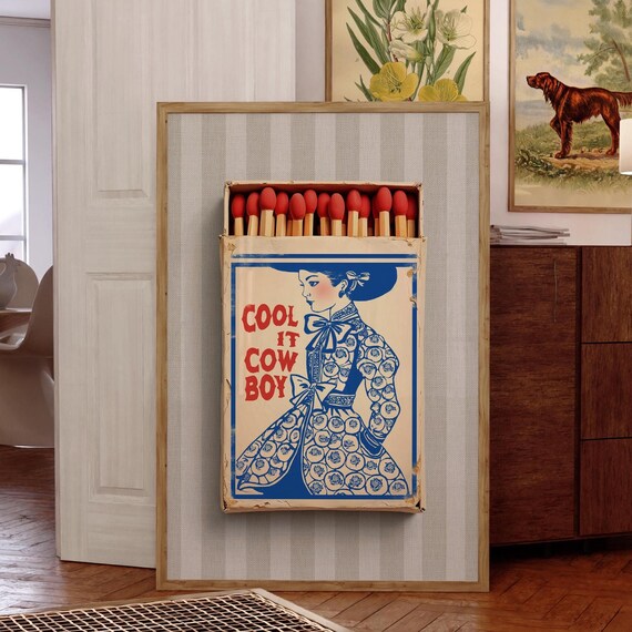 Cool It Cowboy Vintage Matchbox Poster Western Woman Blue Red Decor