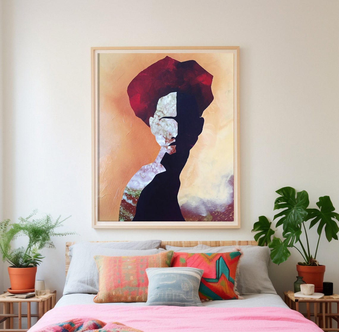 Bold Red Abstract Woman Portrait Maximalist Colorful Wall Art