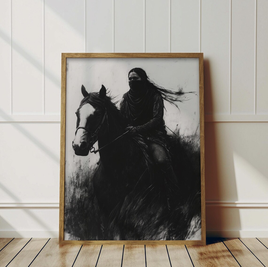 Cowgirl Riding Dark Horse Black and White Western Charcoal Art Poster