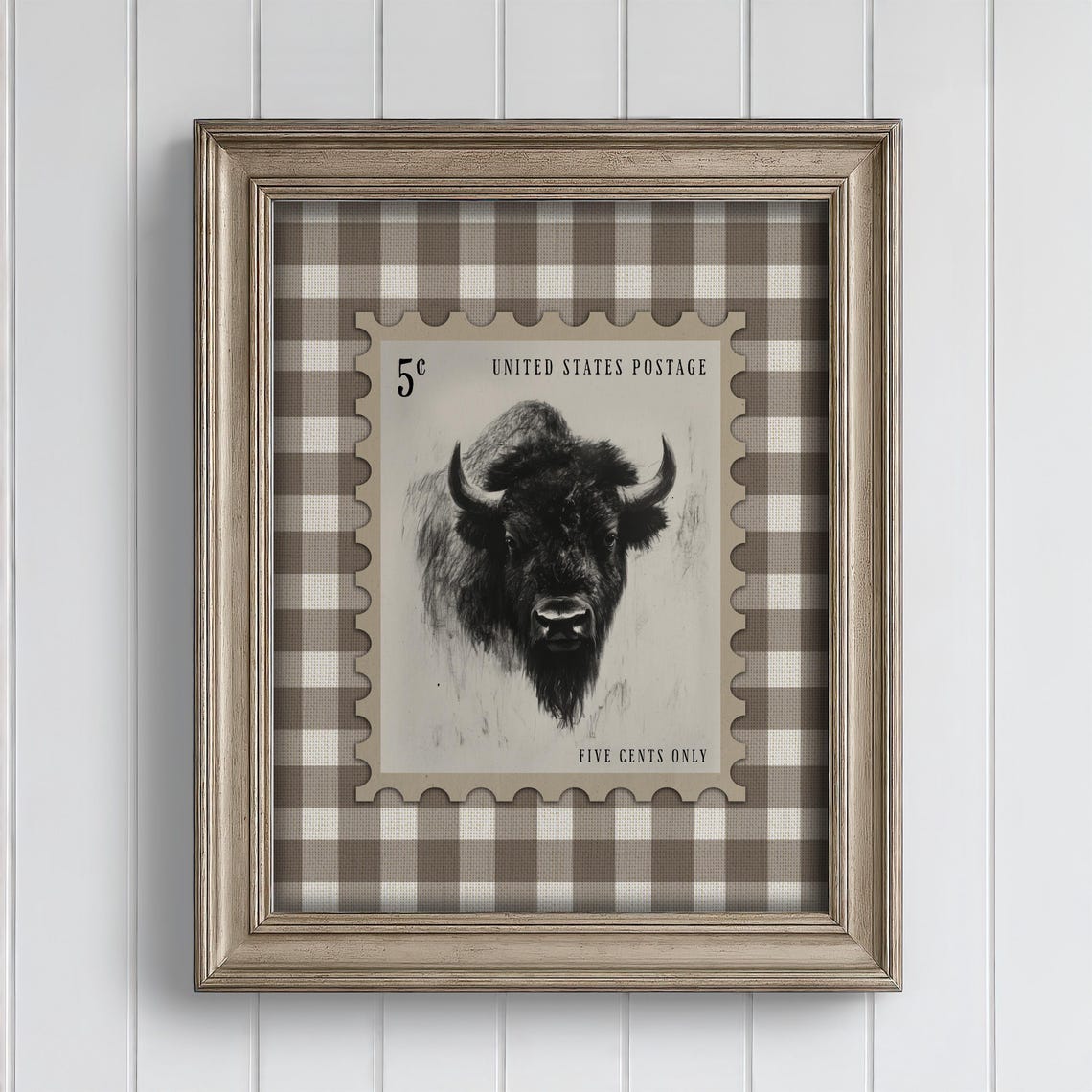 American Bison Postage Stamp Beige Gingham Check Western Poster