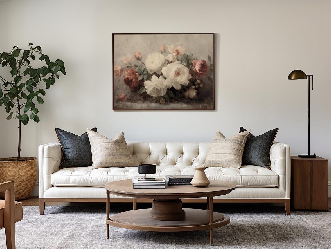 Muted Pink White Roses Vintage Floral Still Life Wall Art Poster - Image 2