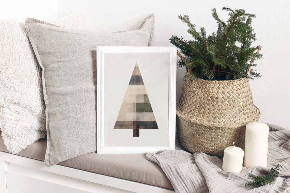 Modern Geometric Patchwork Christmas Tree Neutral Holiday Art Print - Image 3