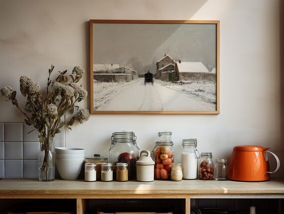 Winter Prints Winter Wall Art Vintage Oil Painting Snowy Landscape Art Rustic Cottage Winter Decor Moody Farmhouse Decor
