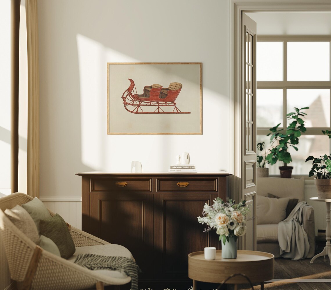 Antique Red Two Seat Sleigh Winter Horse Carriage Art Poster - Image 2