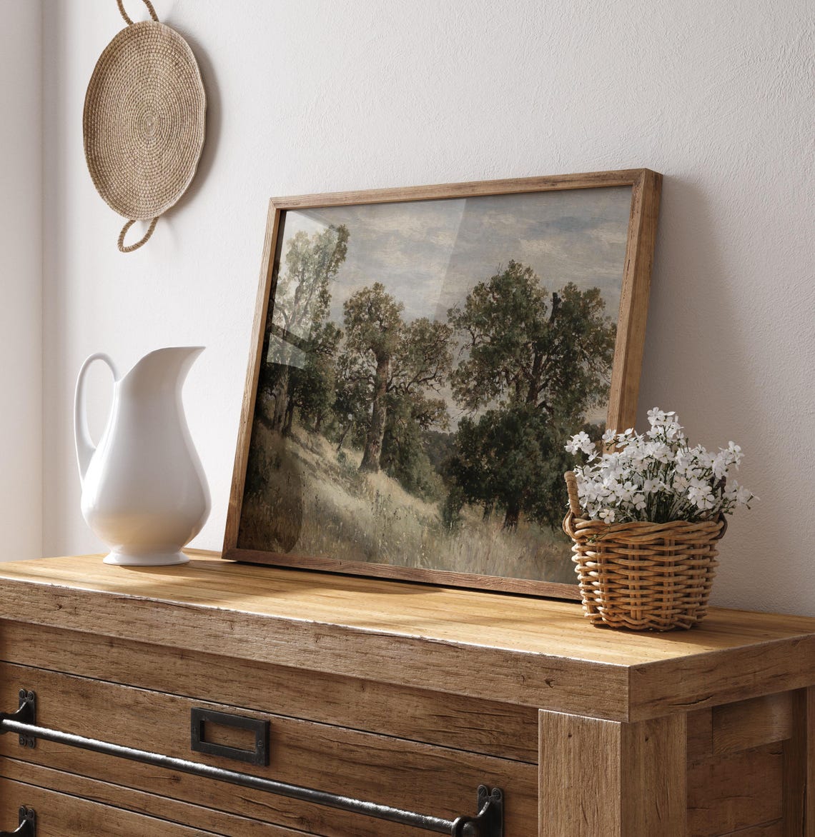 Mature Oak Grove on Hillside Vintage Landscape Painting Wall Art - Image 3
