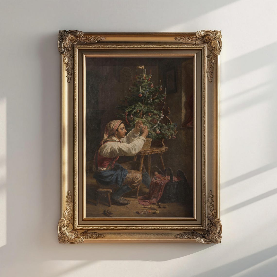 Vintage Woman Decorating Christmas Tree Antique Oil Painting Poster - Image 4
